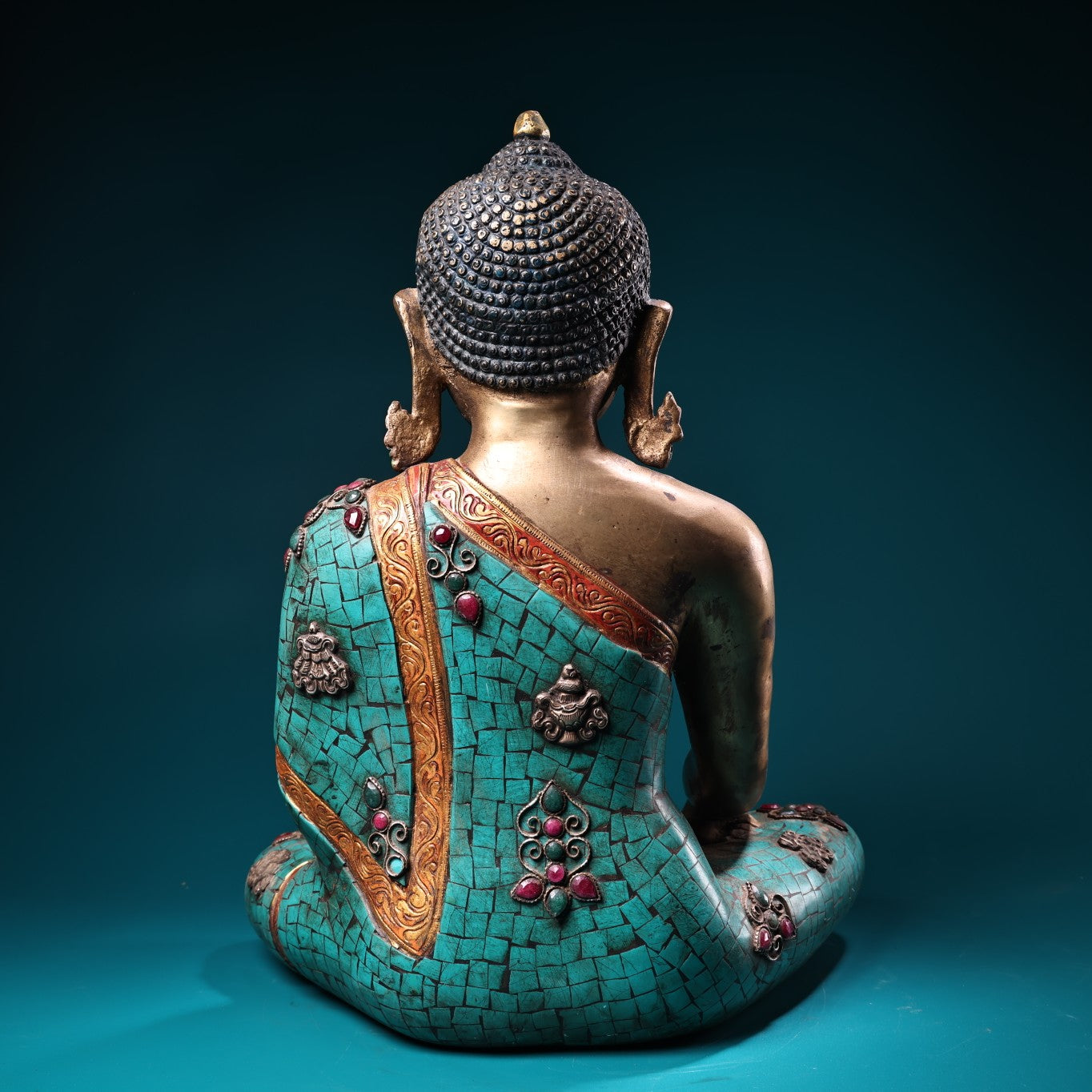 A1004 Tibetan Buddhism Gilt Gold Copper Inlay Turquoise & Gems Siddhartha Buddha Statue