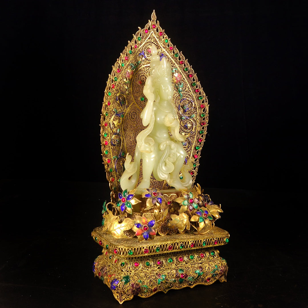 A1006 Exquisite Chinese Gold Wires Enamel Inlay Hetian Jade & Gems Kwan-yin Statue