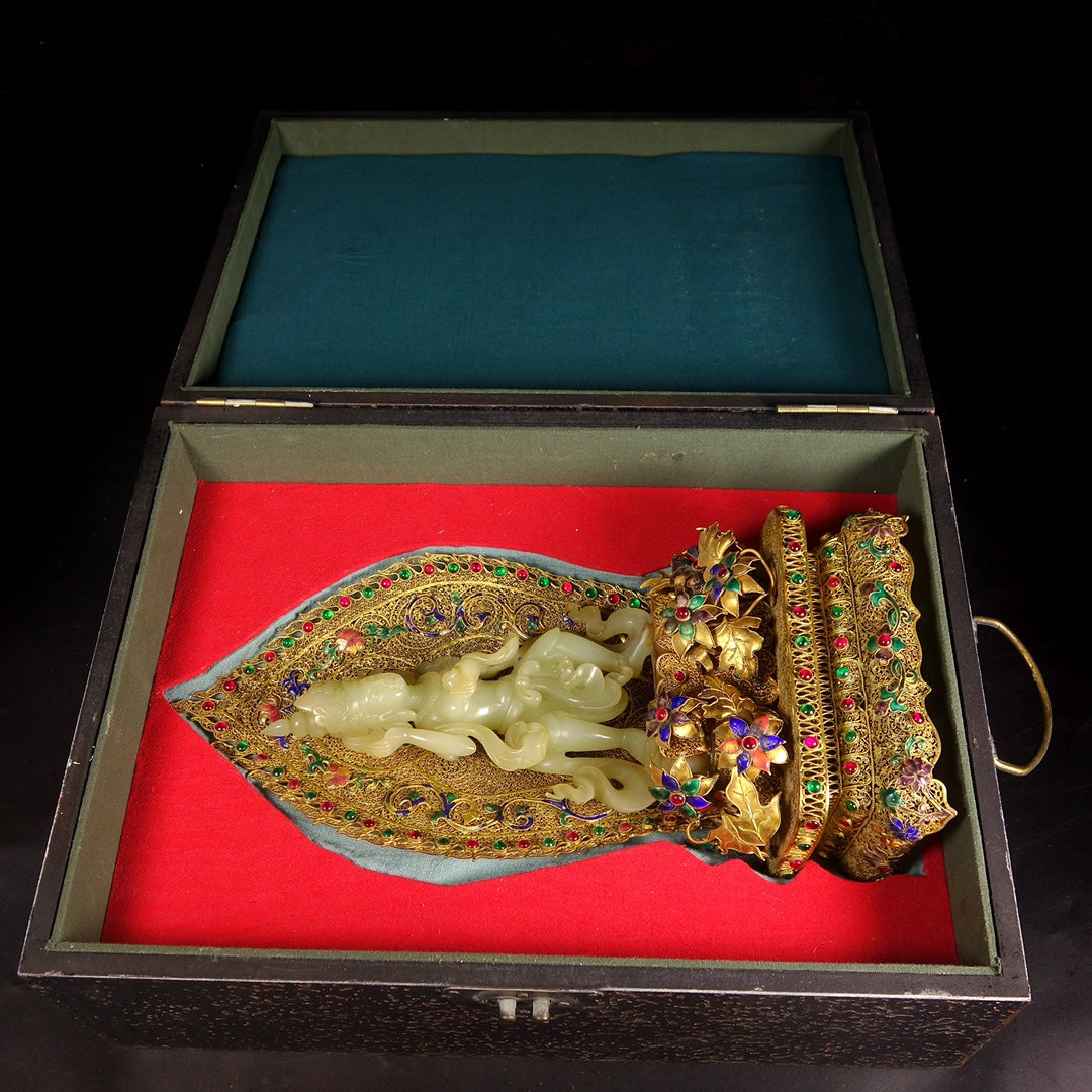 A1006 Exquisite Chinese Gold Wires Enamel Inlay Hetian Jade & Gems Kwan-yin Statue