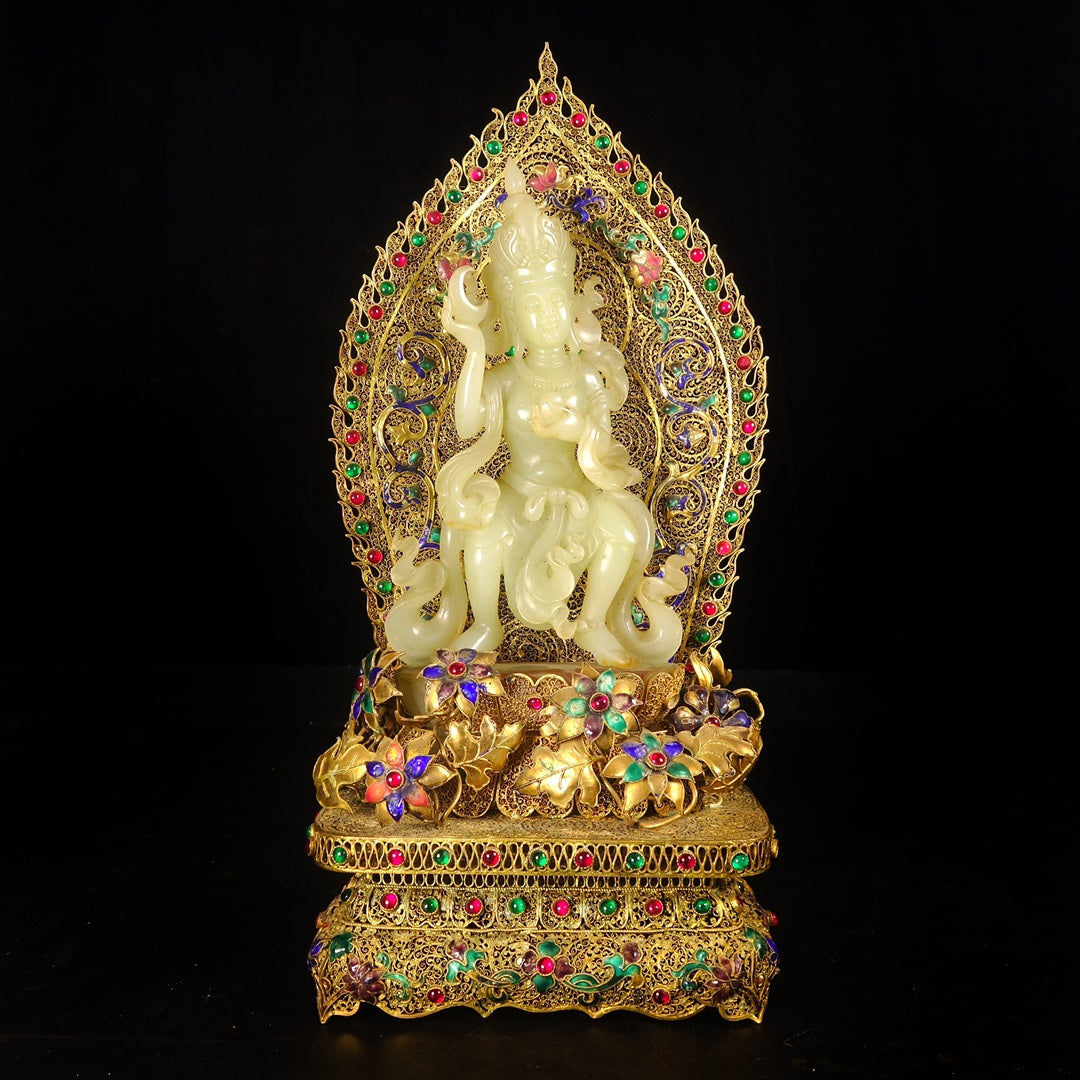 A1006 Exquisite Chinese Gold Wires Enamel Inlay Hetian Jade & Gems Kwan-yin Statue