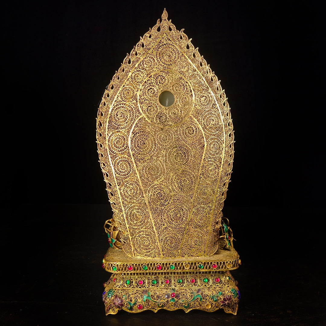 A1006 Exquisite Chinese Gold Wires Enamel Inlay Hetian Jade & Gems Kwan-yin Statue