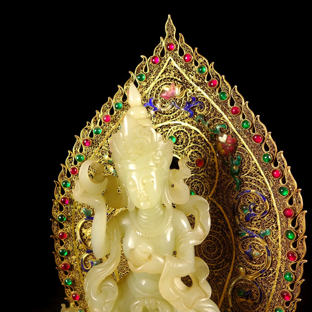 A1006 Exquisite Chinese Gold Wires Enamel Inlay Hetian Jade & Gems Kwan-yin Statue