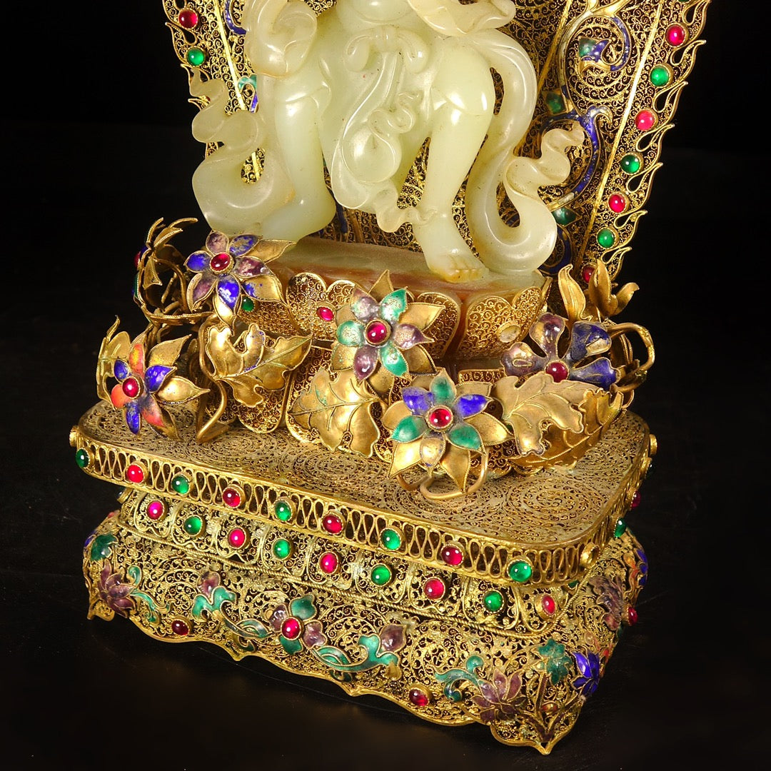 A1006 Exquisite Chinese Gold Wires Enamel Inlay Hetian Jade & Gems Kwan-yin Statue