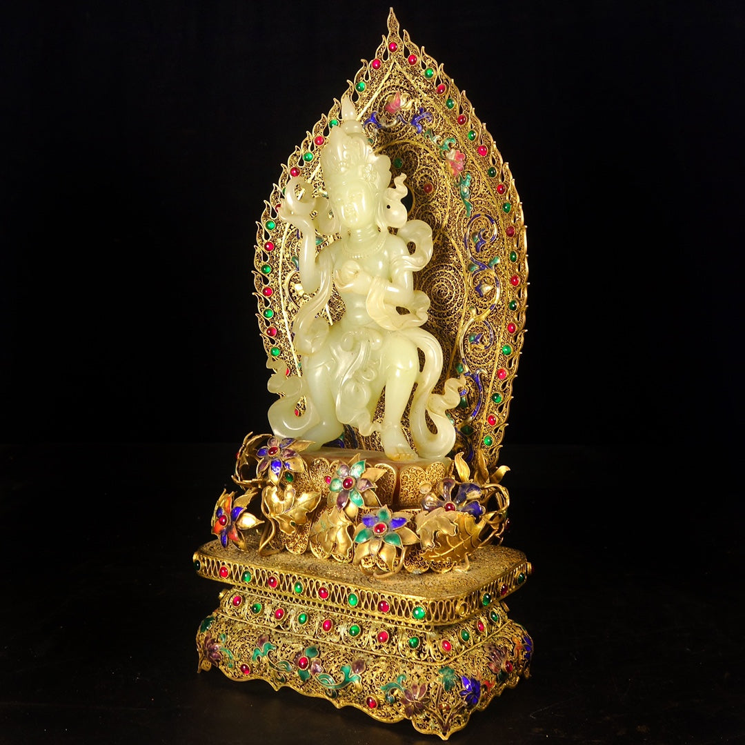 A1006 Exquisite Chinese Gold Wires Enamel Inlay Hetian Jade & Gems Kwan-yin Statue