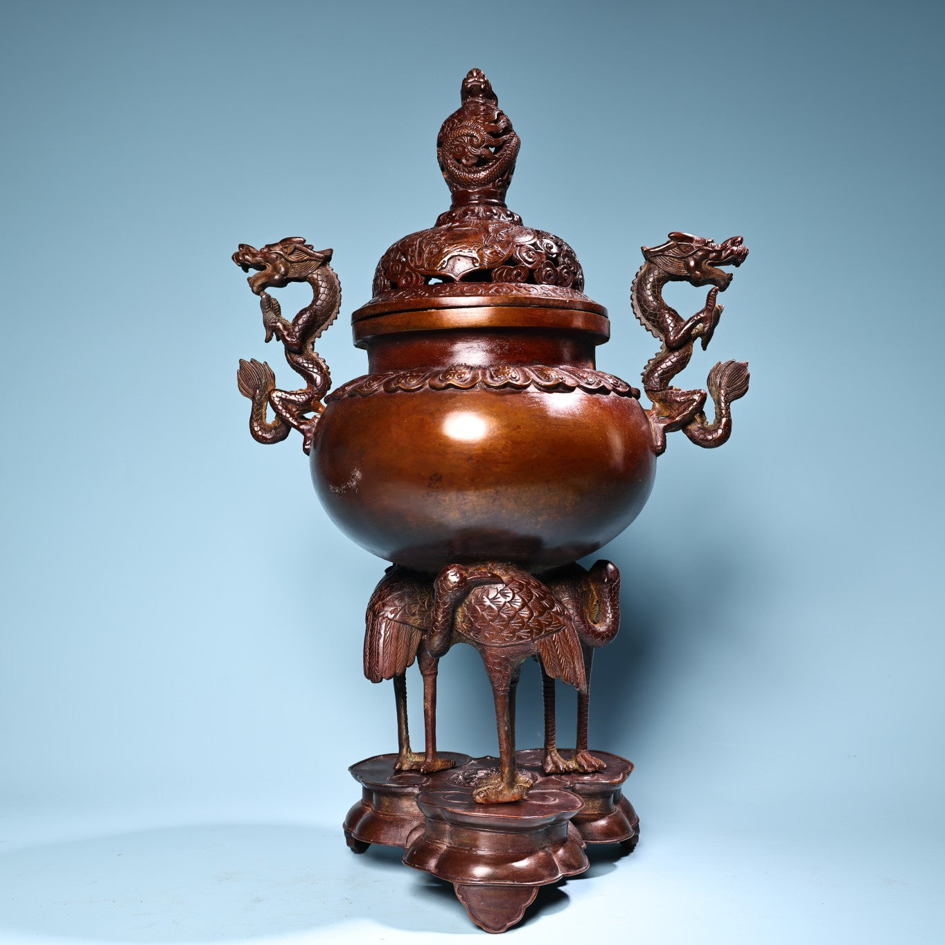 A1007 Vintage Chinese Copper Double Ears Fortune Dragon & Crane Incense Burner