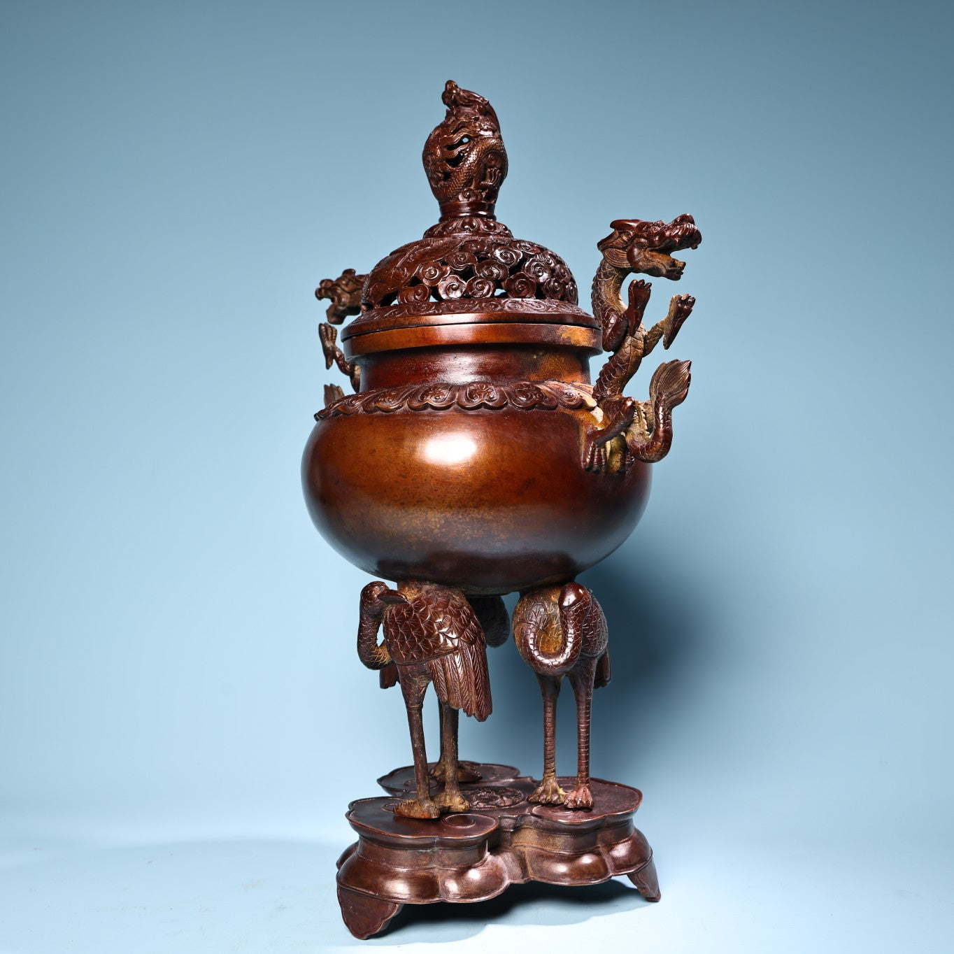 A1007 Vintage Chinese Copper Double Ears Fortune Dragon & Crane Incense Burner