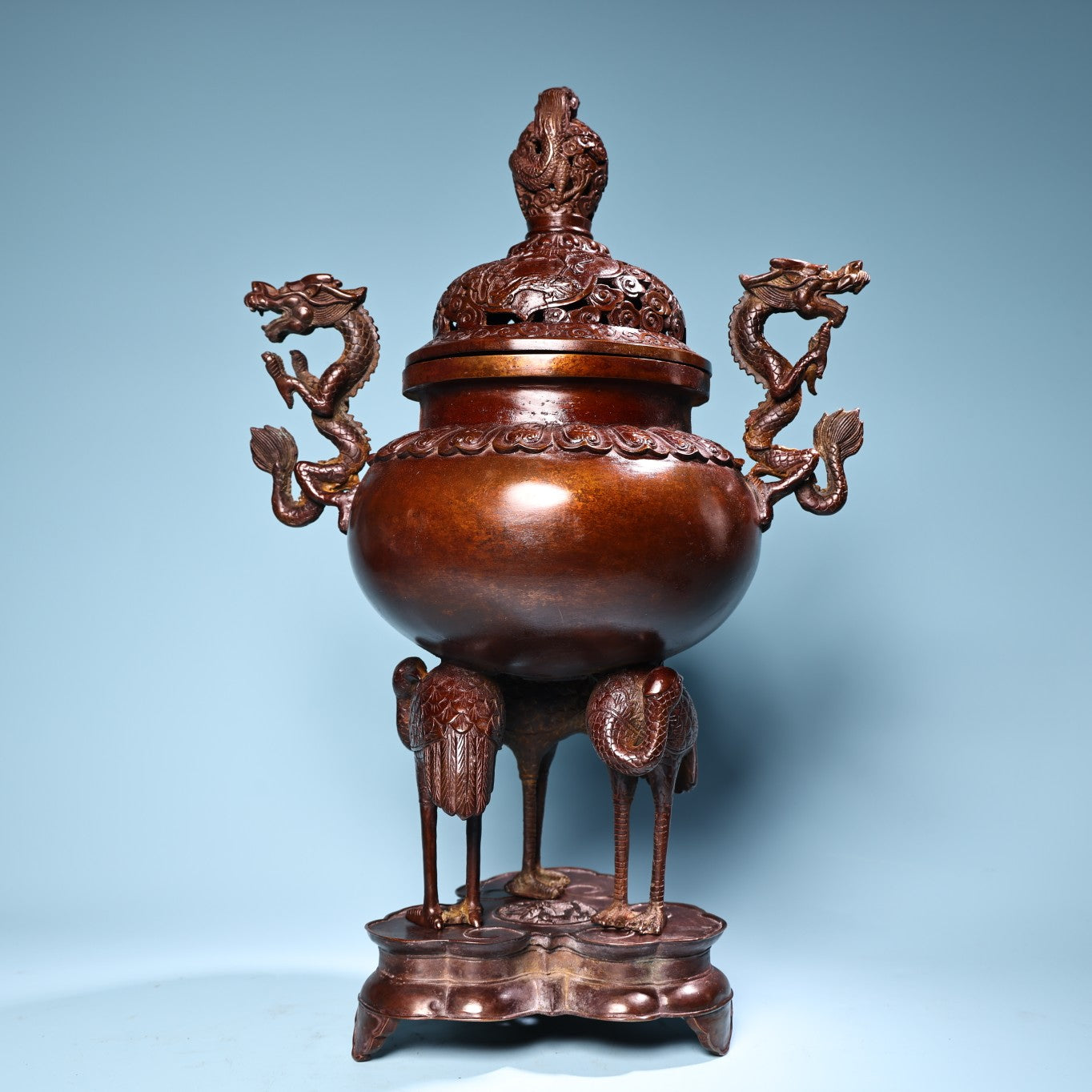 A1007 Vintage Chinese Copper Double Ears Fortune Dragon & Crane Incense Burner