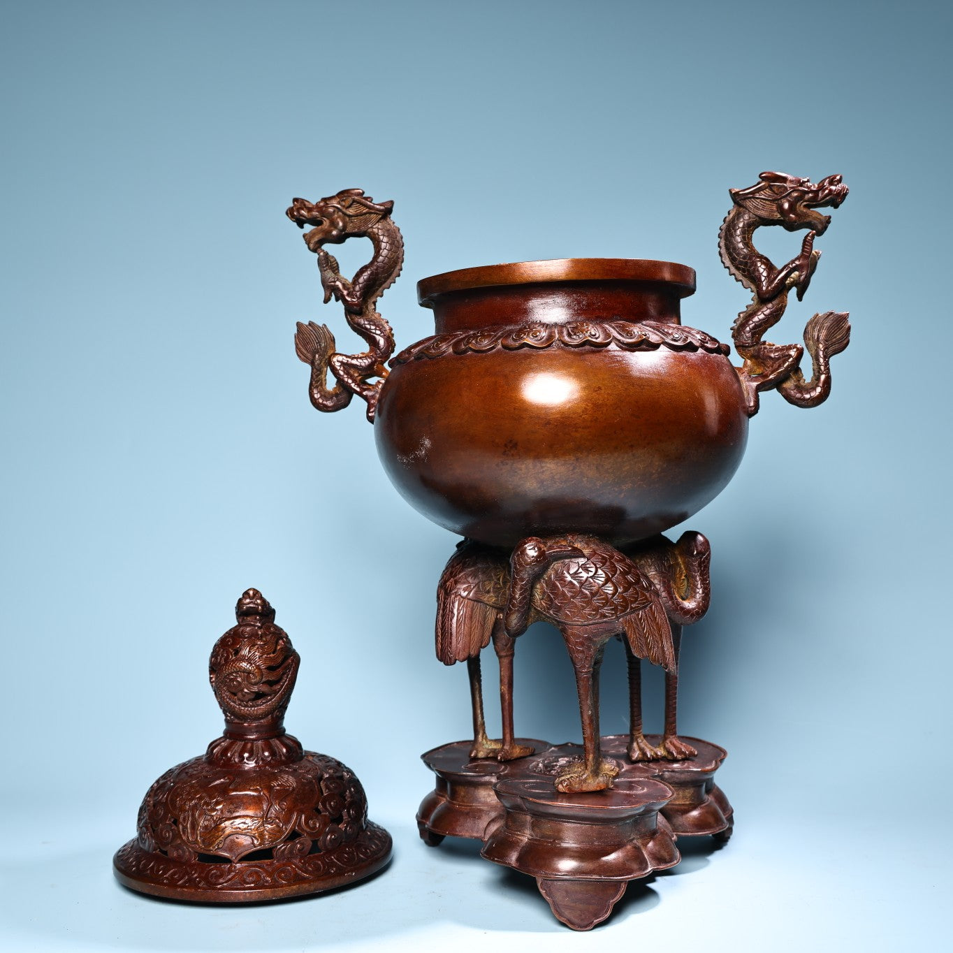 A1007 Vintage Chinese Copper Double Ears Fortune Dragon & Crane Incense Burner