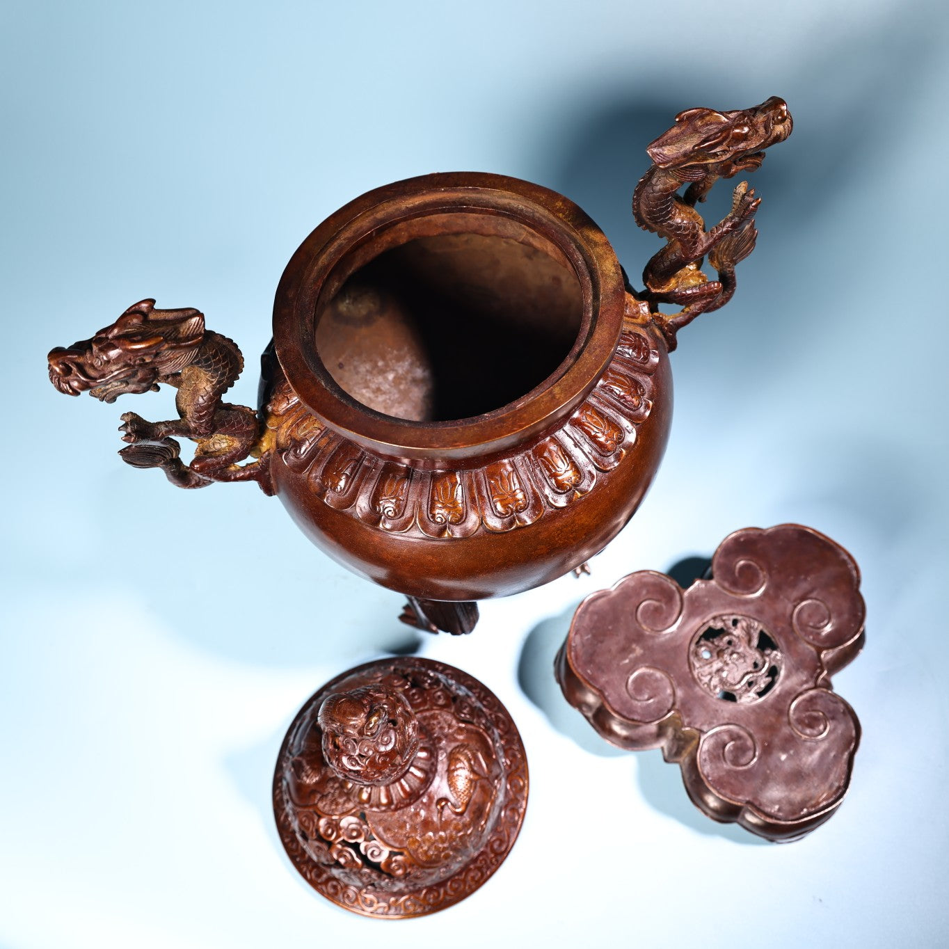 A1007 Vintage Chinese Copper Double Ears Fortune Dragon & Crane Incense Burner