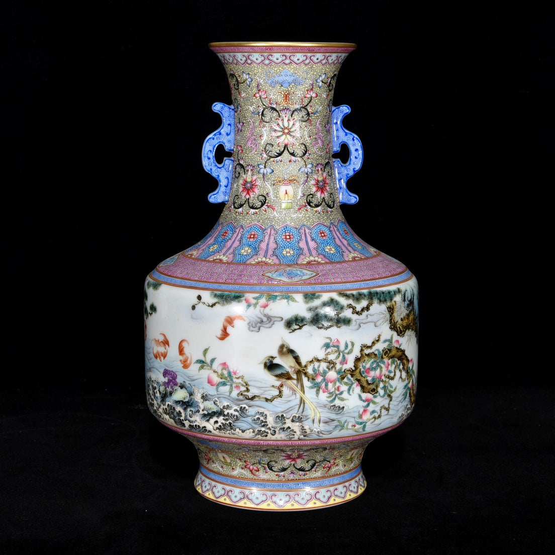 A1008 Chinese Qing Dynasty Gilt Gold Famille Rose Enamel Flowers Bird Design Porcelain Vase