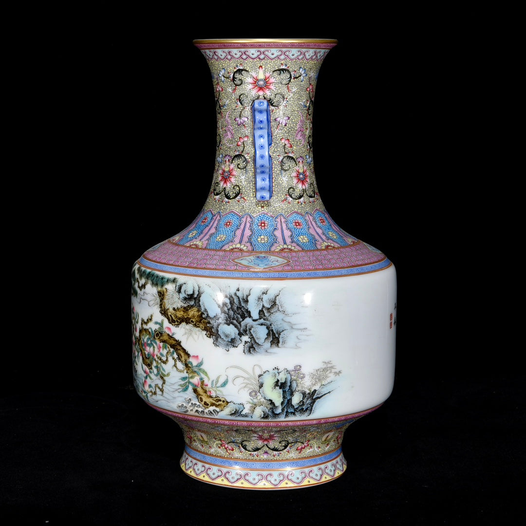 A1008 Chinese Qing Dynasty Gilt Gold Famille Rose Enamel Flowers Bird Design Porcelain Vase