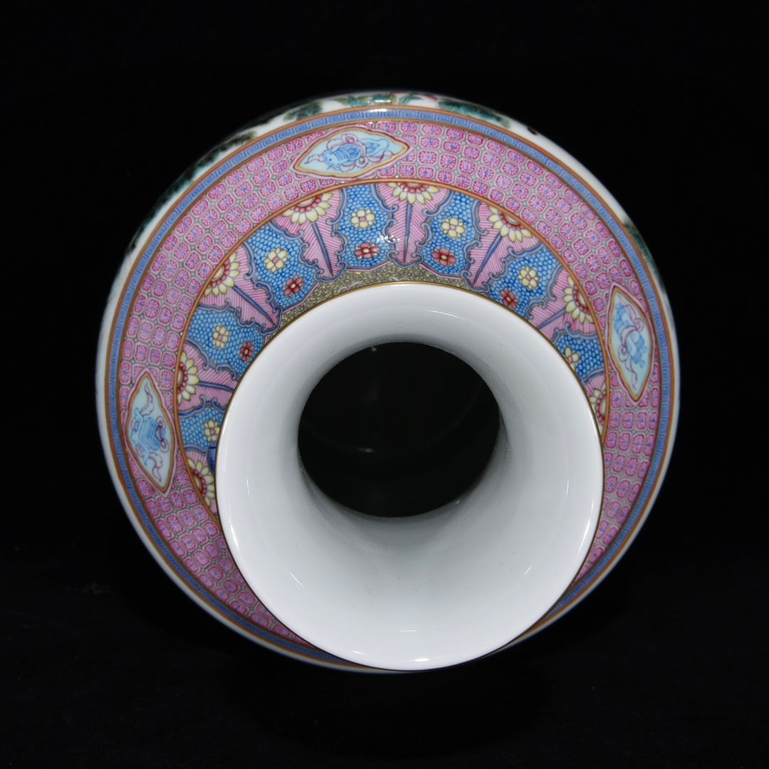 A1008 Chinese Qing Dynasty Gilt Gold Famille Rose Enamel Flowers Bird Design Porcelain Vase