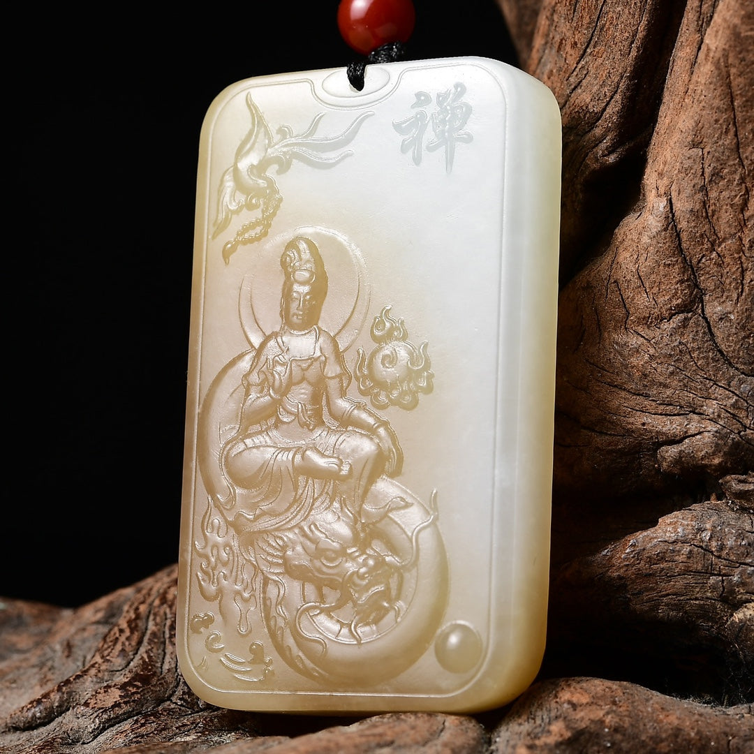 A1013 Superb Chinese Hetian Jade Carved Dragon & Kwan-yin Pendant w Certificate