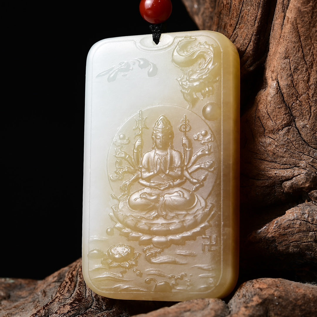 A1013 Superb Chinese Hetian Jade Carved Dragon & Kwan-yin Pendant w Certificate
