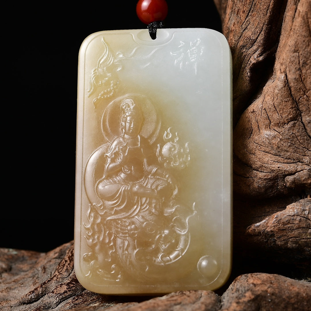 A1013 Superb Chinese Hetian Jade Carved Dragon & Kwan-yin Pendant w Certificate