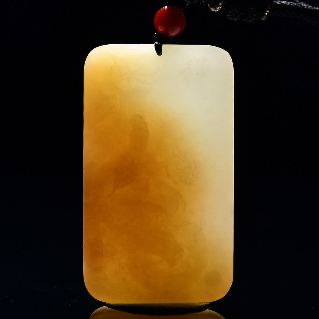 A1013 Superb Chinese Hetian Jade Carved Dragon & Kwan-yin Pendant w Certificate