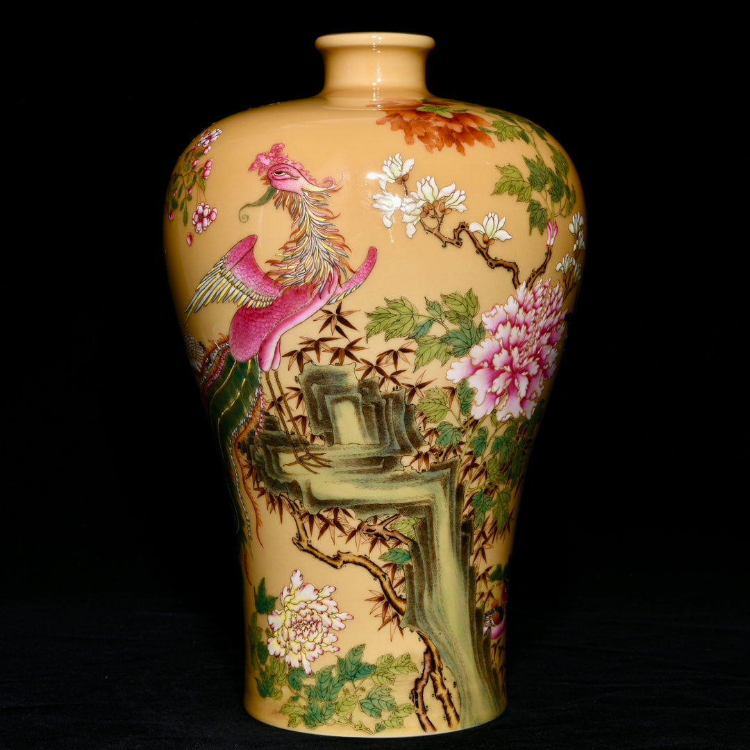 A1016 Chinese Qing Dynasty Yellow Glaze Famille Rose Phoenix & Peony Design Porcelain Vase(