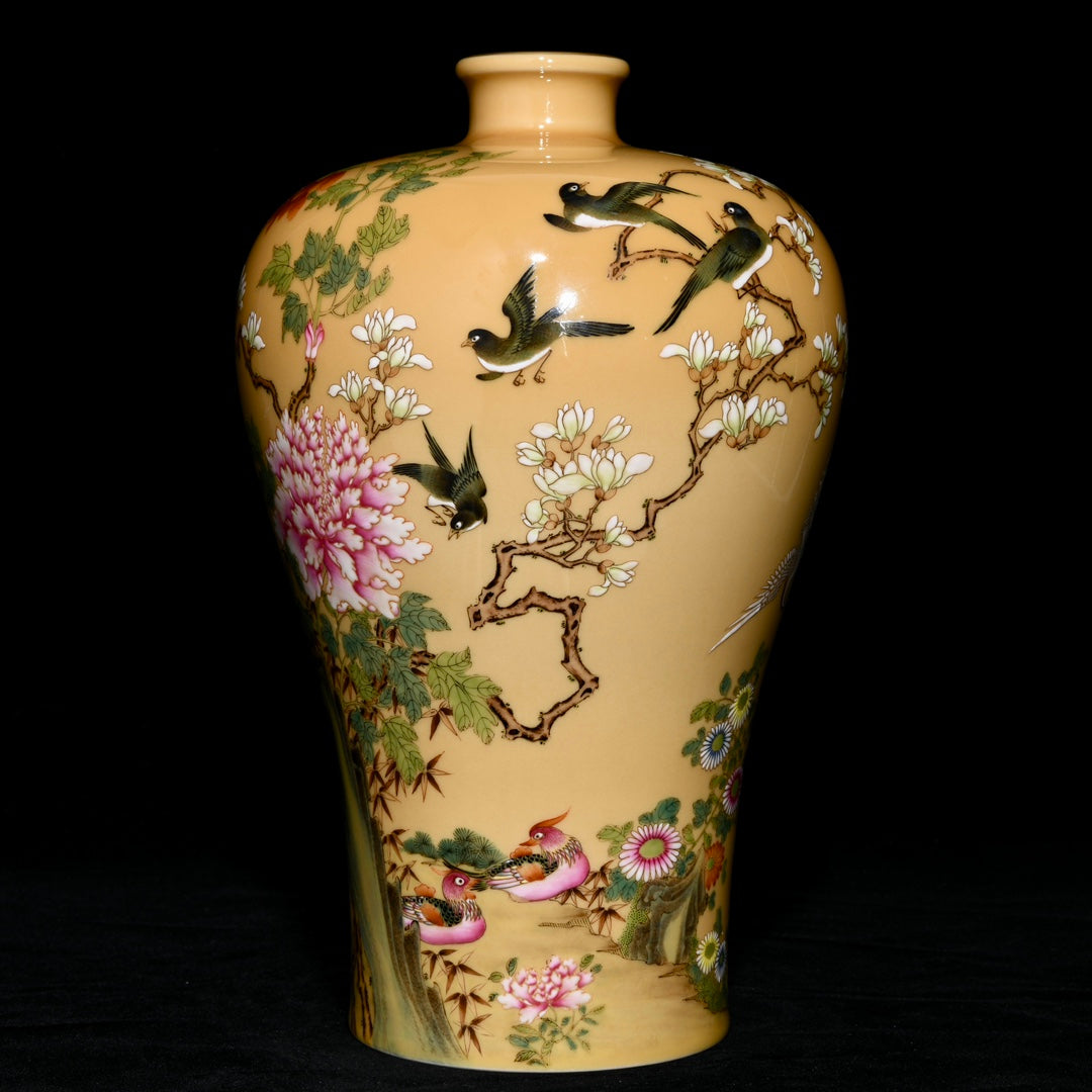 A1016 Chinese Qing Dynasty Yellow Glaze Famille Rose Phoenix & Peony Design Porcelain Vase(