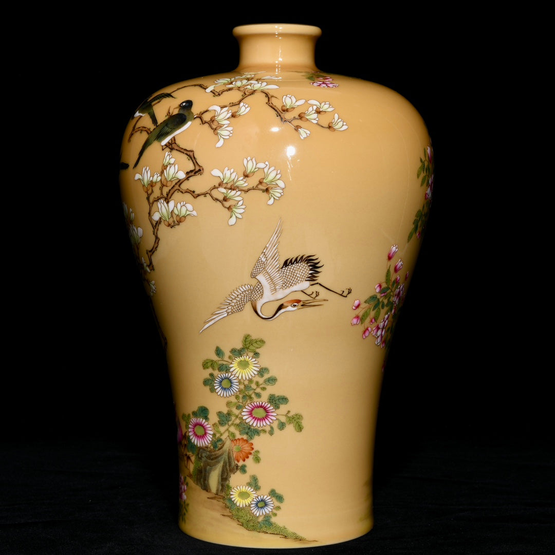 A1016 Chinese Qing Dynasty Yellow Glaze Famille Rose Phoenix & Peony Design Porcelain Vase(