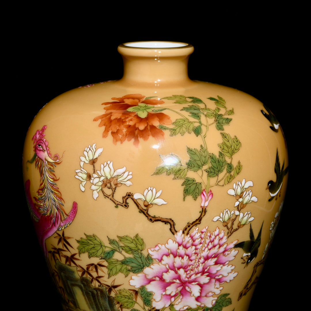 A1016 Chinese Qing Dynasty Yellow Glaze Famille Rose Phoenix & Peony Design Porcelain Vase(