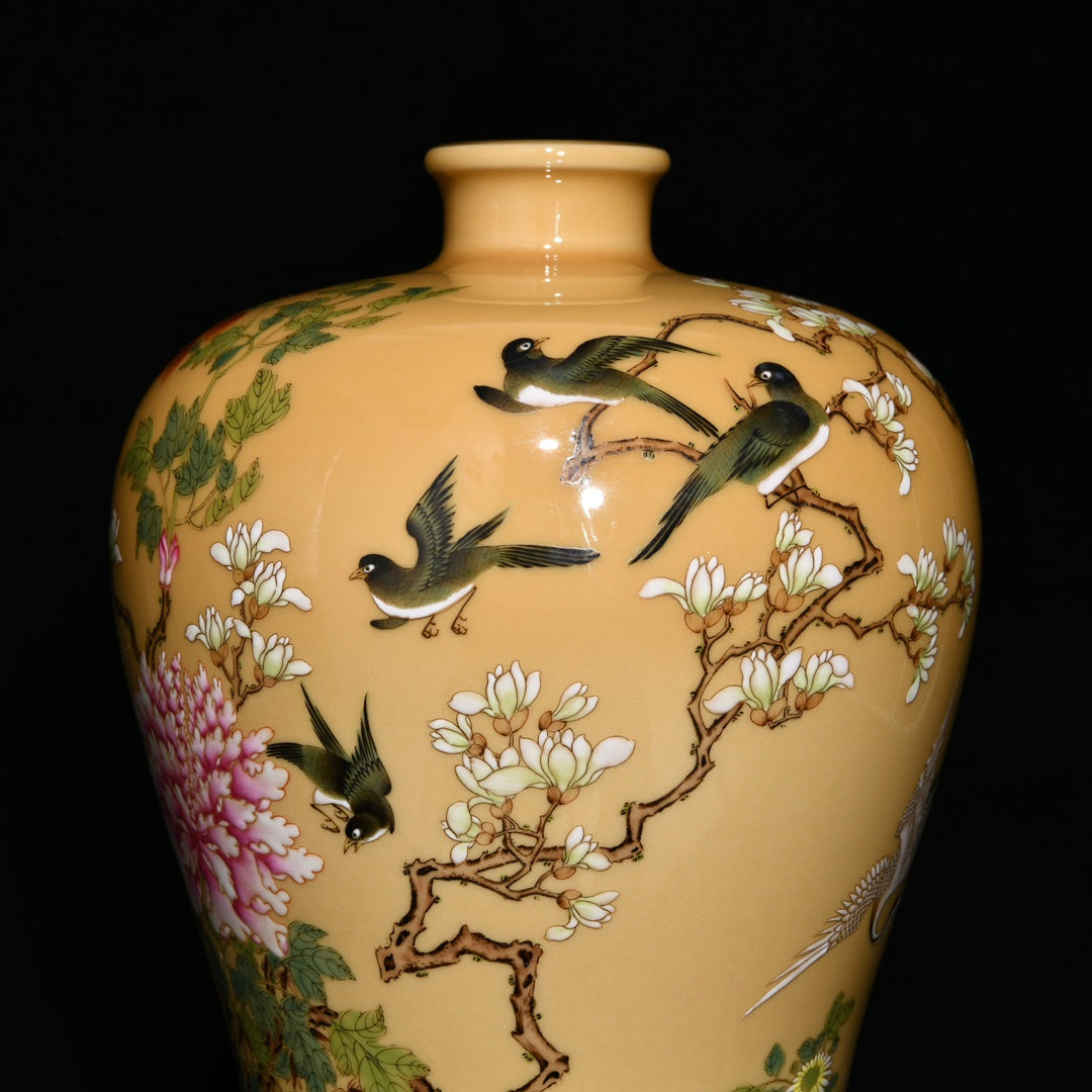 A1016 Chinese Qing Dynasty Yellow Glaze Famille Rose Phoenix & Peony Design Porcelain Vase(