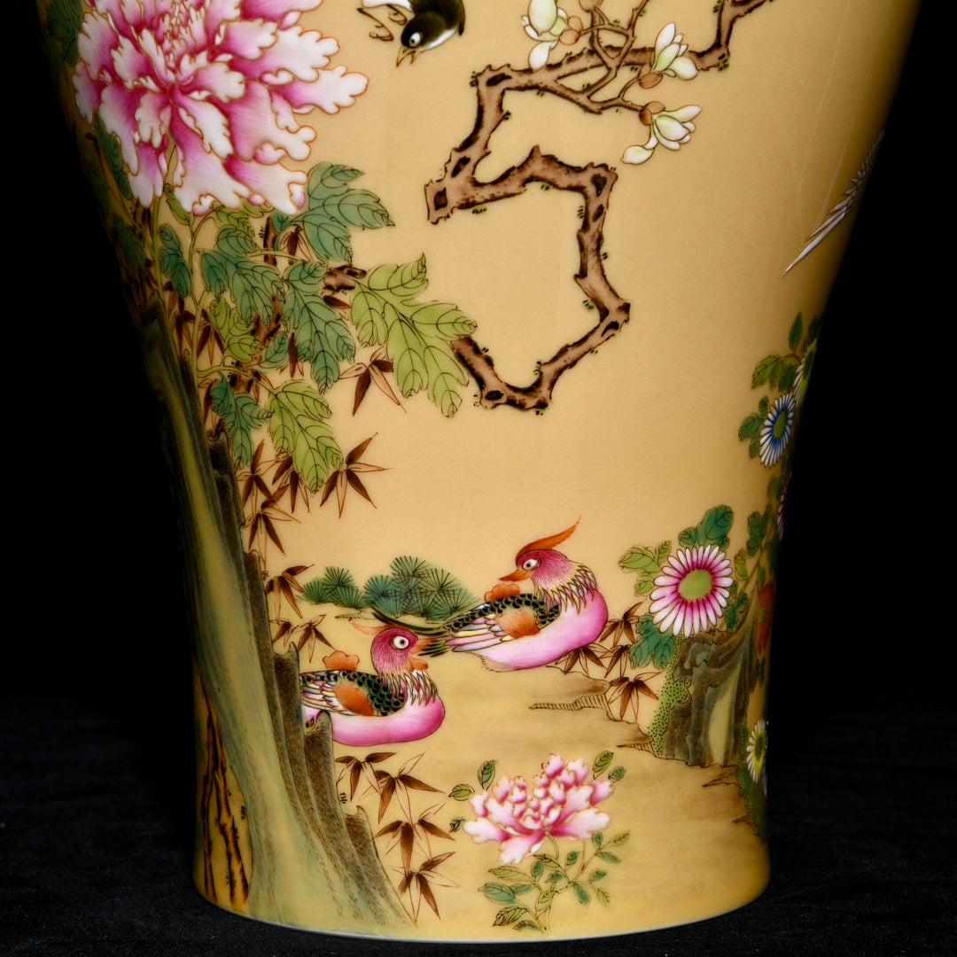 A1016 Chinese Qing Dynasty Yellow Glaze Famille Rose Phoenix & Peony Design Porcelain Vase(