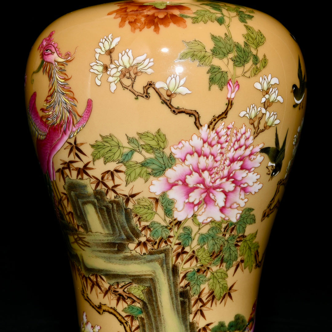 A1016 Chinese Qing Dynasty Yellow Glaze Famille Rose Phoenix & Peony Design Porcelain Vase(