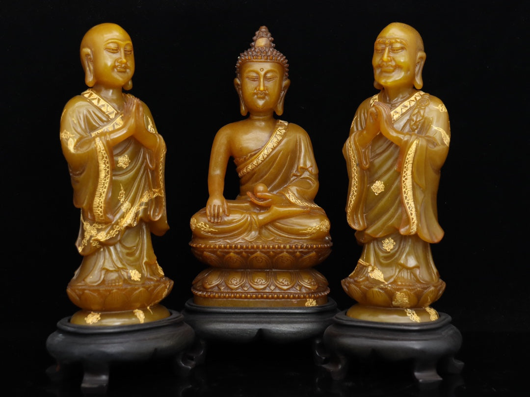 A1019 A Set Three Chinese Shoushan Tianhuang Stone Carved Buddha Statue