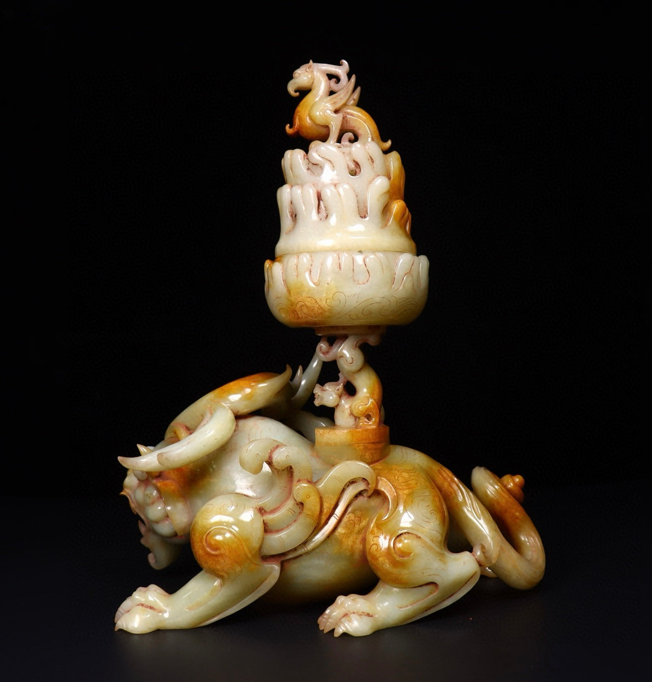 A1021 Superb Vintage Chinese Hetian Jade Carved Divine Beast Incense Burner