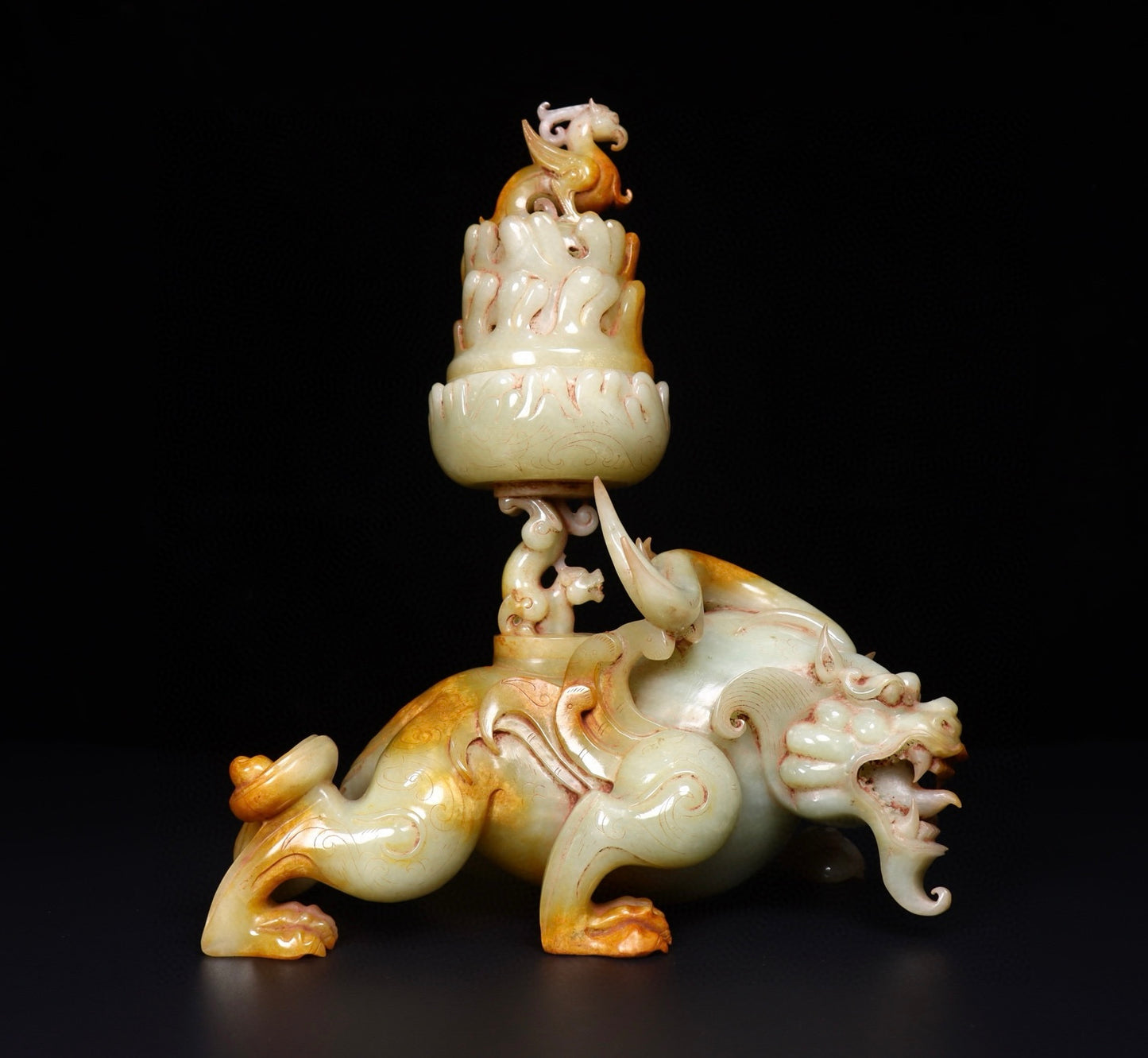 A1021 Superb Vintage Chinese Hetian Jade Carved Divine Beast Incense Burner