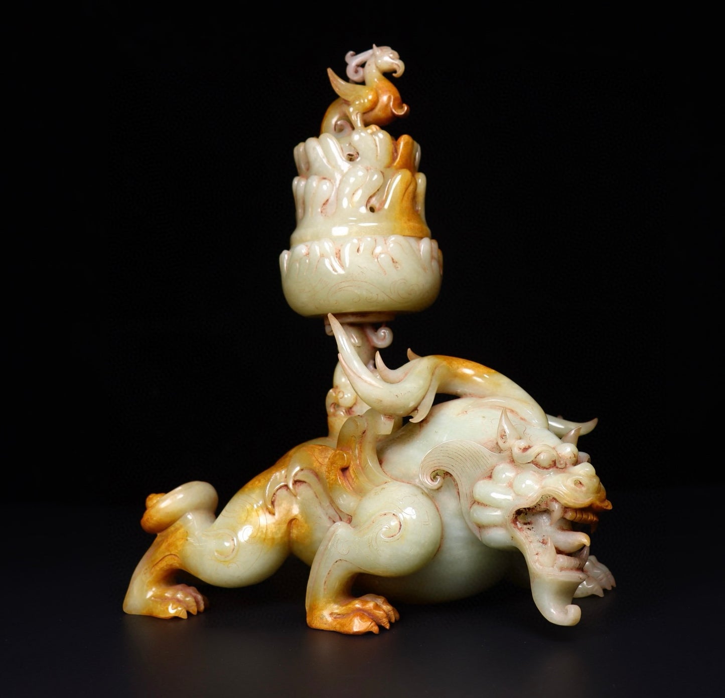 A1021 Superb Vintage Chinese Hetian Jade Carved Divine Beast Incense Burner