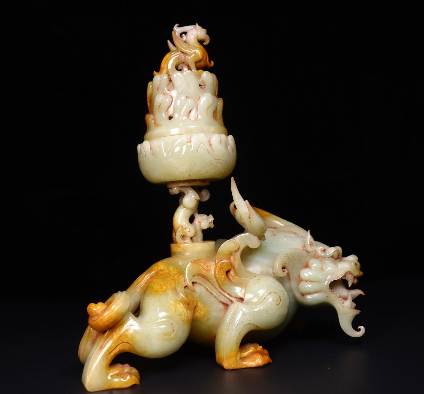 A1021 Superb Vintage Chinese Hetian Jade Carved Divine Beast Incense Burner
