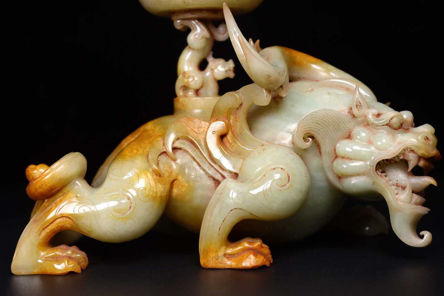 A1021 Superb Vintage Chinese Hetian Jade Carved Divine Beast Incense Burner