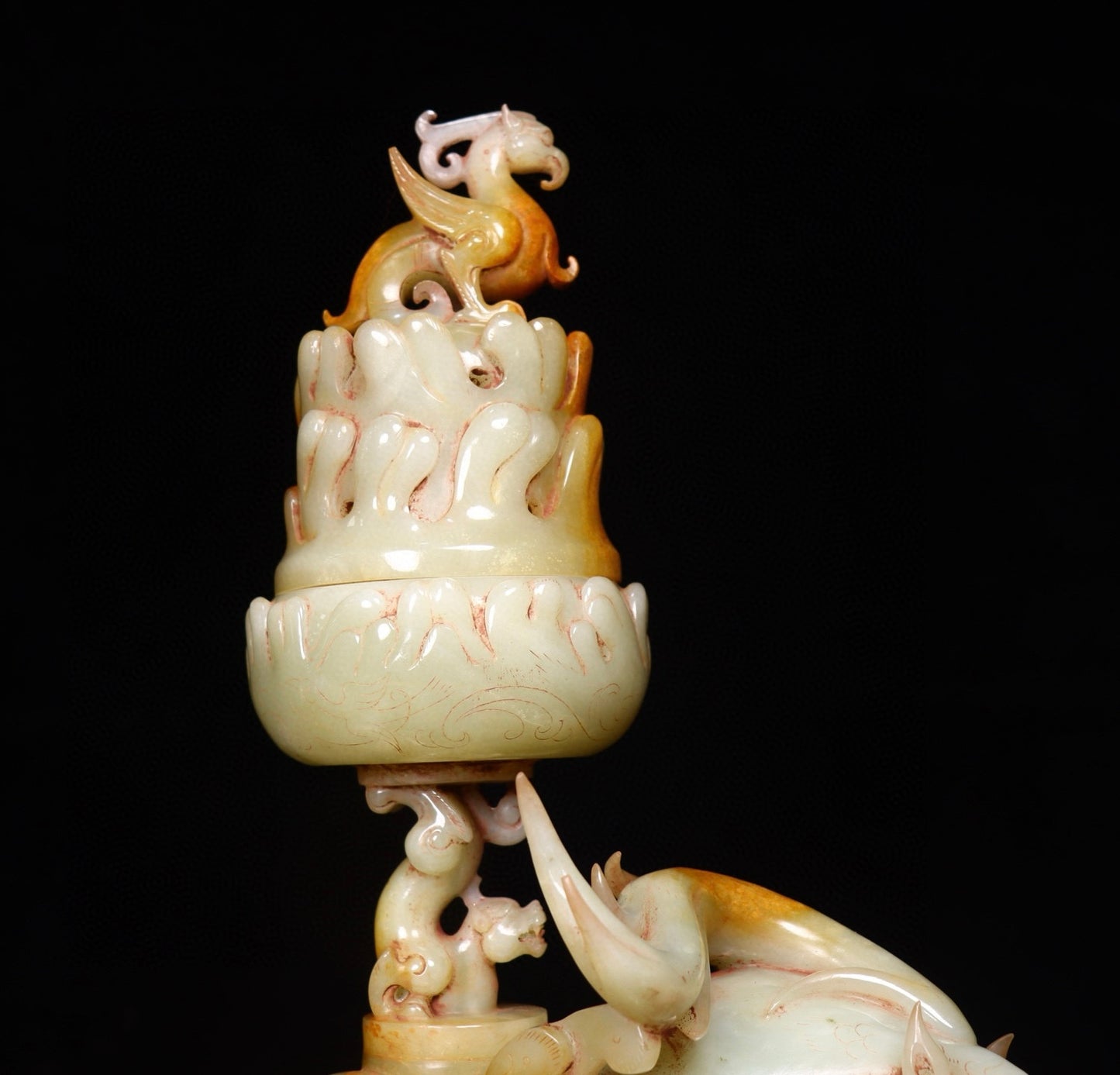 A1021 Superb Vintage Chinese Hetian Jade Carved Divine Beast Incense Burner