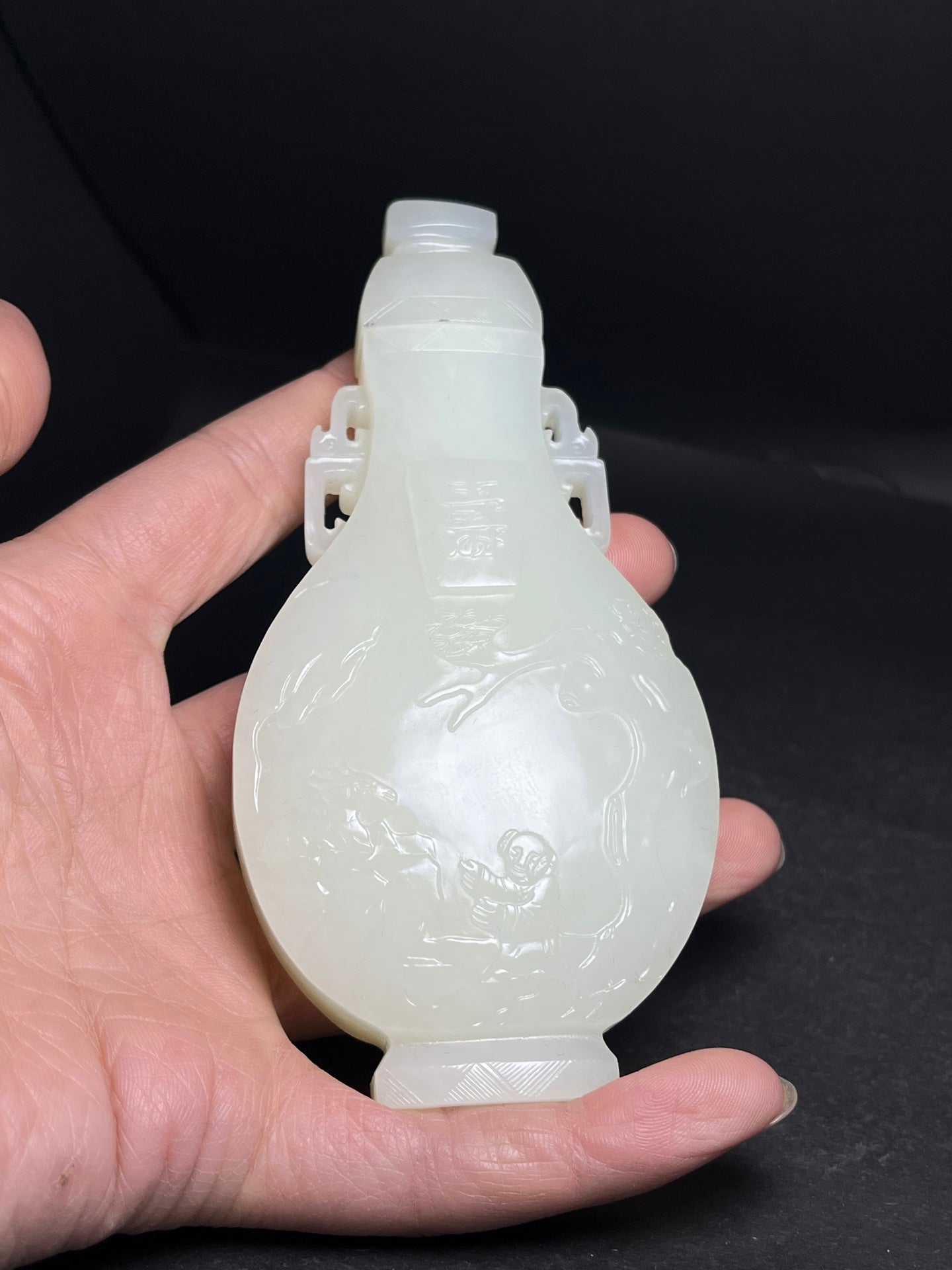 A1024 Superb Chinese White Hetian Jade Pine Tree & Figure Vase