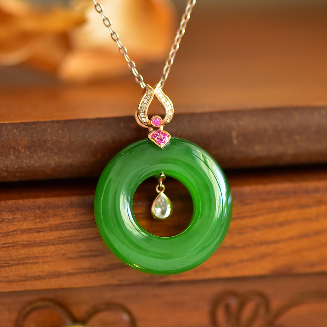 A1028 Exquisite 18K Gold Inlay Green Hetian Jade Lucky Pendant