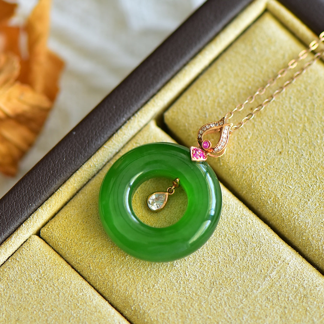 A1028 Exquisite 18K Gold Inlay Green Hetian Jade Lucky Pendant