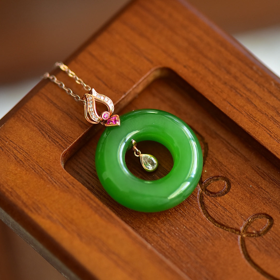 A1028 Exquisite 18K Gold Inlay Green Hetian Jade Lucky Pendant