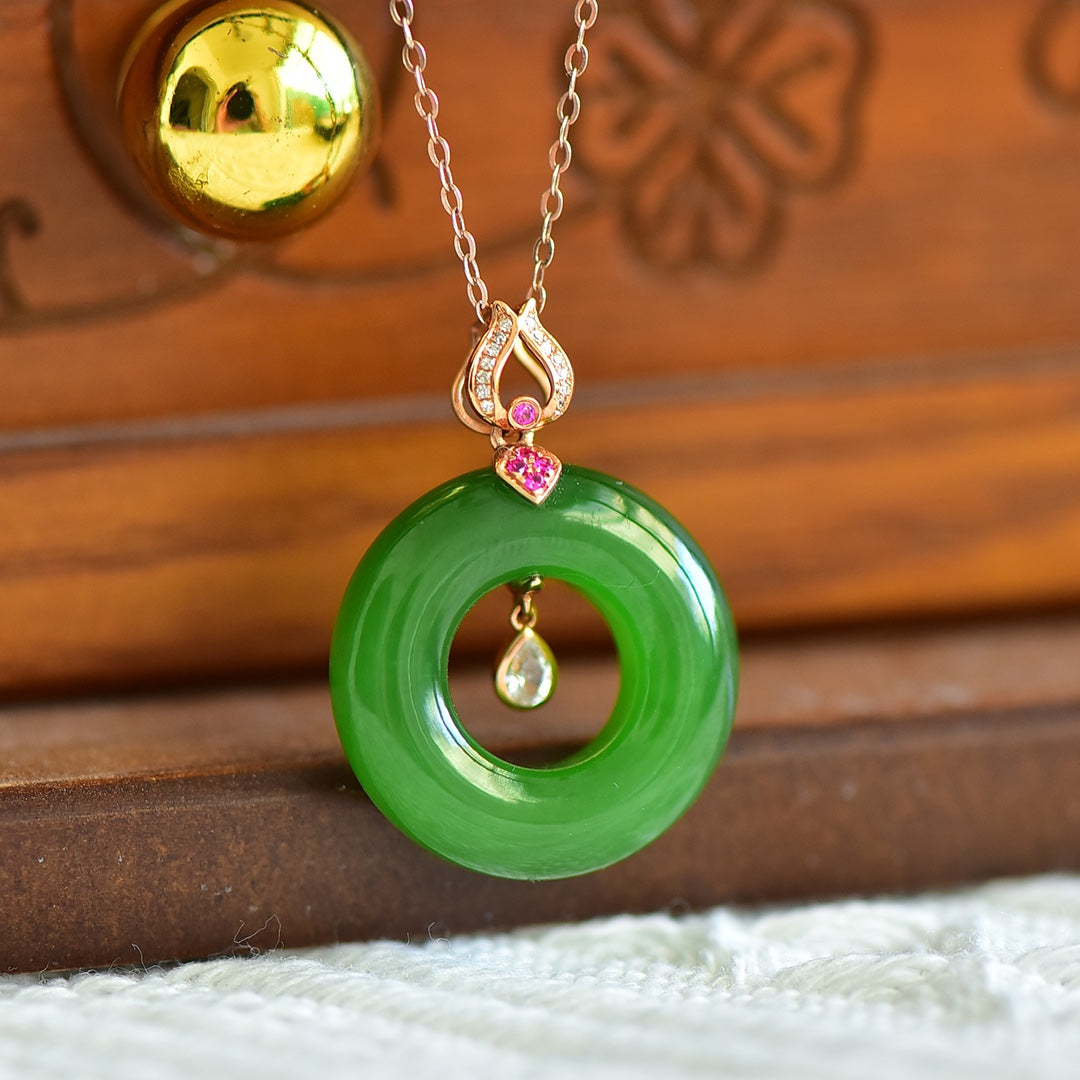 A1028 Exquisite 18K Gold Inlay Green Hetian Jade Lucky Pendant