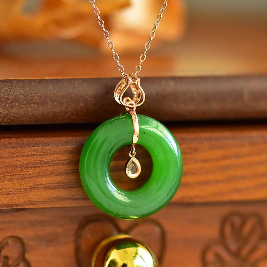 A1028 Exquisite 18K Gold Inlay Green Hetian Jade Lucky Pendant
