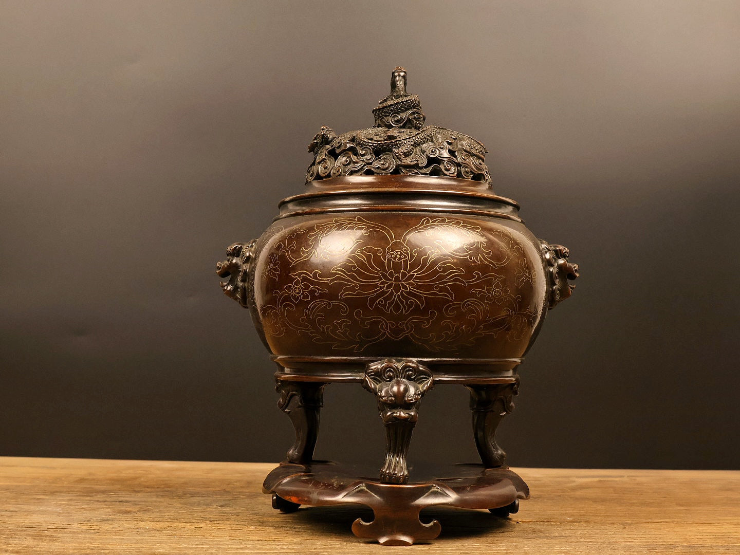 A1033 Vintage Chinese Copper Inlay Silver Wires Double Ears Incense Burner w Base