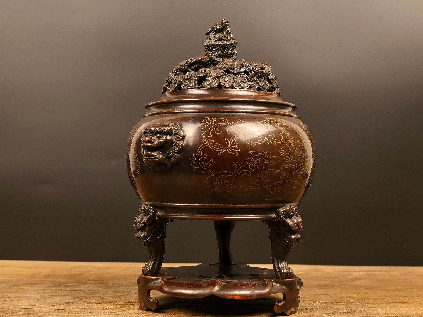 A1033 Vintage Chinese Copper Inlay Silver Wires Double Ears Incense Burner w Base