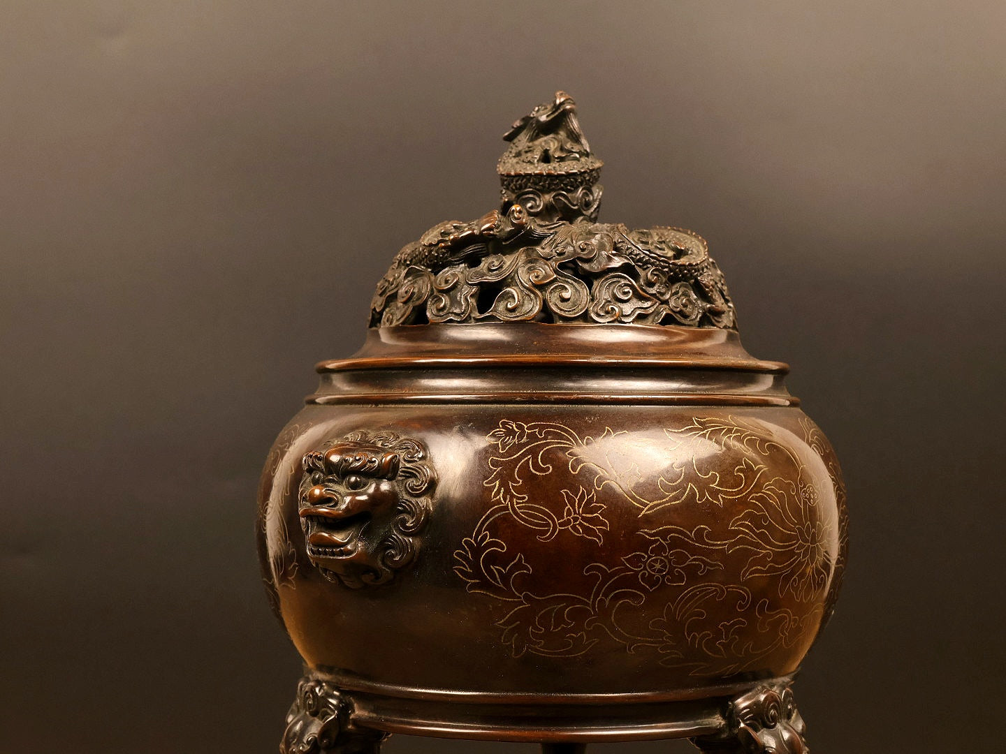 A1033 Vintage Chinese Copper Inlay Silver Wires Double Ears Incense Burner w Base