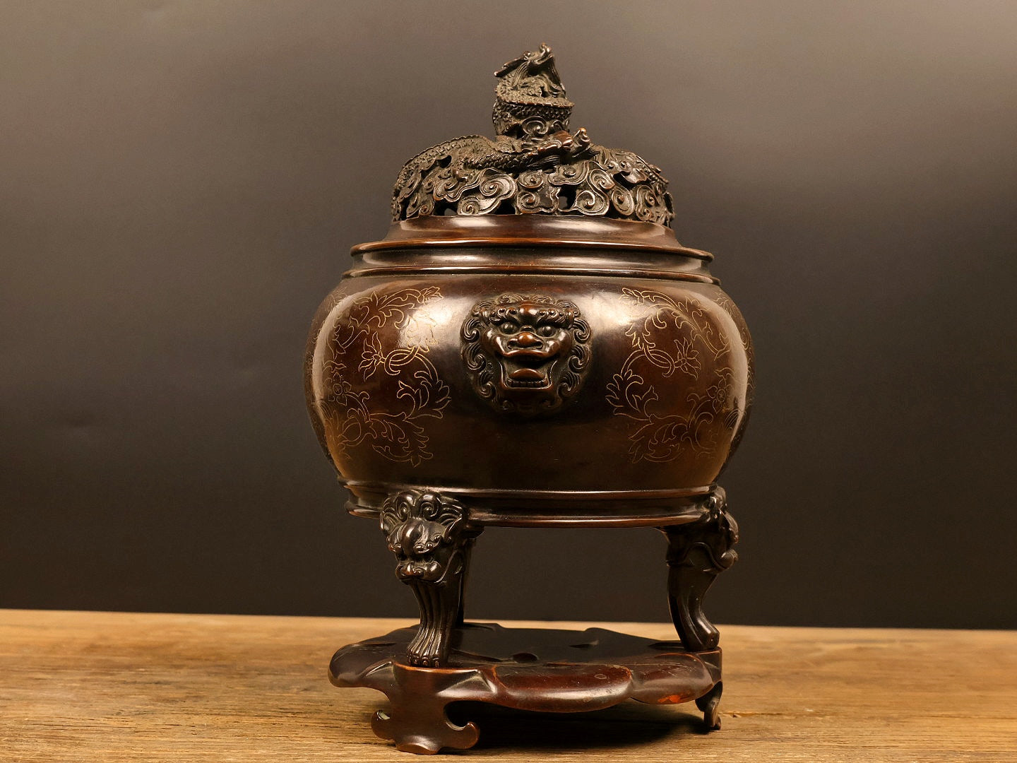 A1033 Vintage Chinese Copper Inlay Silver Wires Double Ears Incense Burner w Base