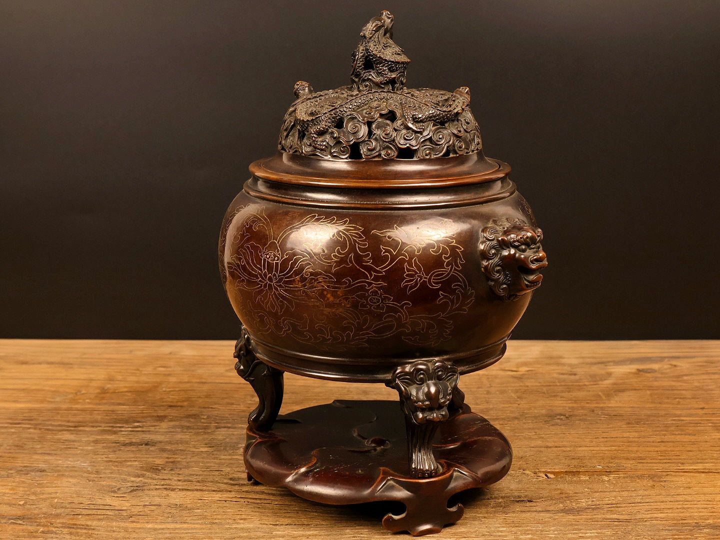 A1033 Vintage Chinese Copper Inlay Silver Wires Double Ears Incense Burner w Base
