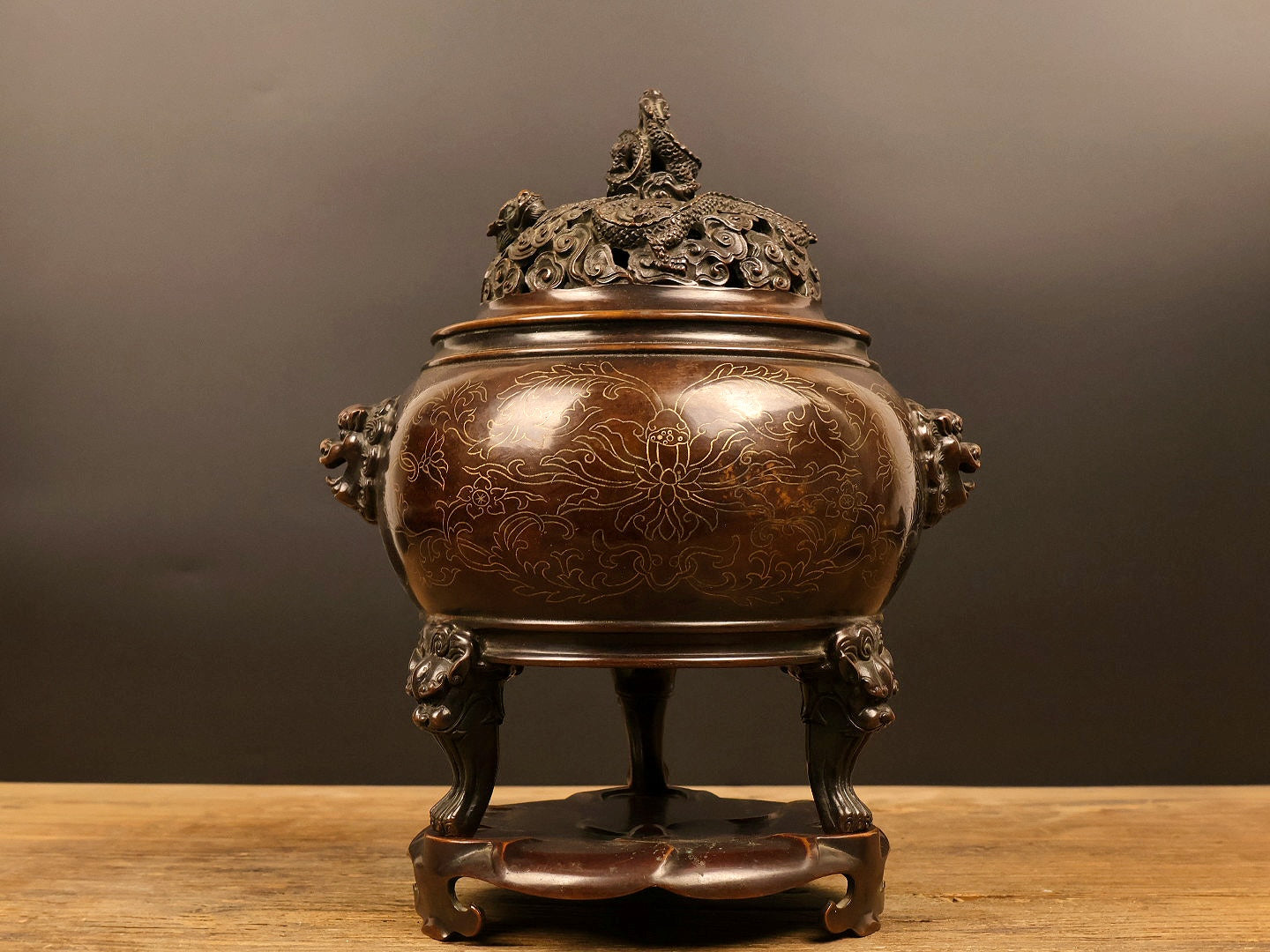 A1033 Vintage Chinese Copper Inlay Silver Wires Double Ears Incense Burner w Base