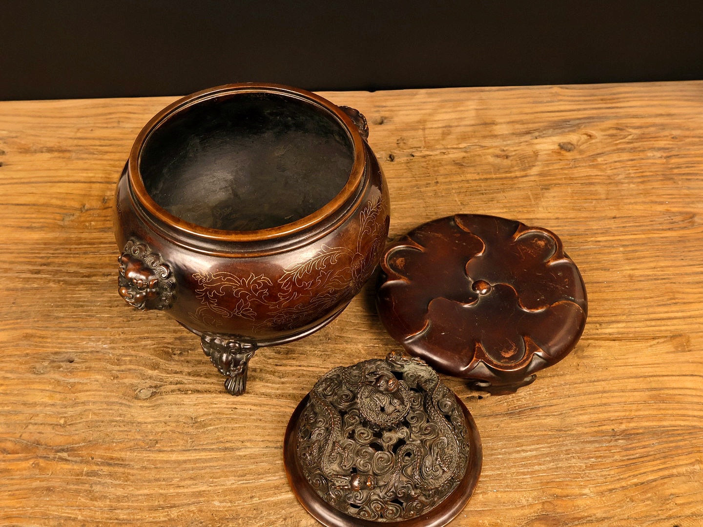 A1033 Vintage Chinese Copper Inlay Silver Wires Double Ears Incense Burner w Base