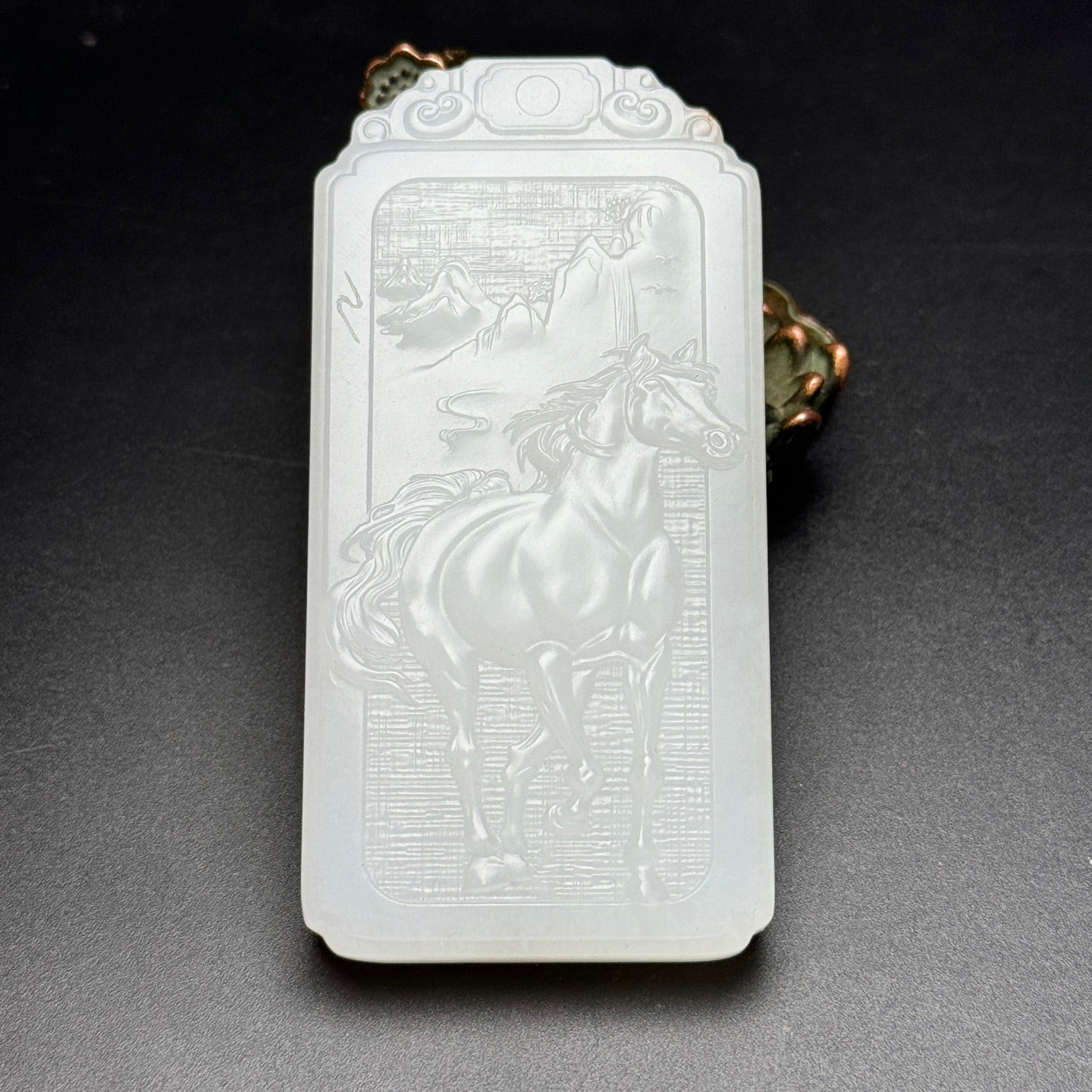 A1034 Chinese Natural White Hetian Jade Low Relief Fortune Horse Pendant