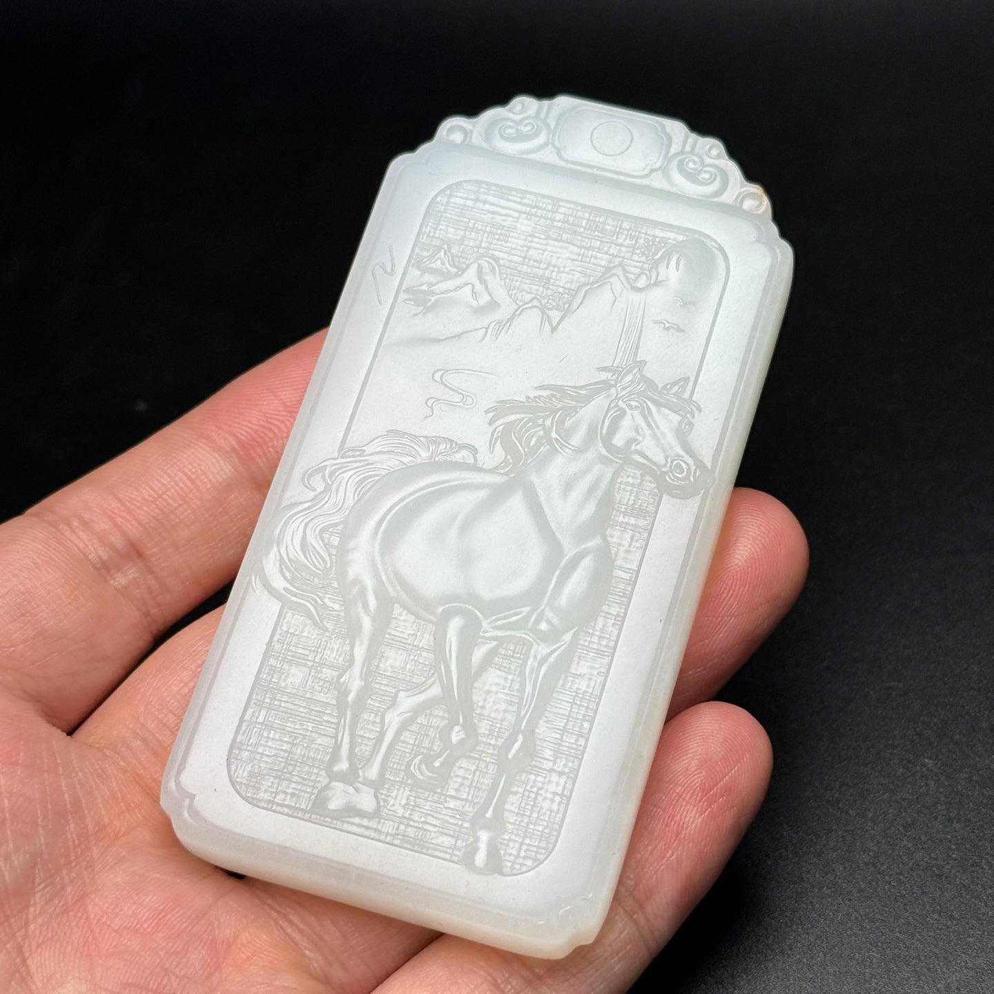 A1034 Chinese Natural White Hetian Jade Low Relief Fortune Horse Pendant