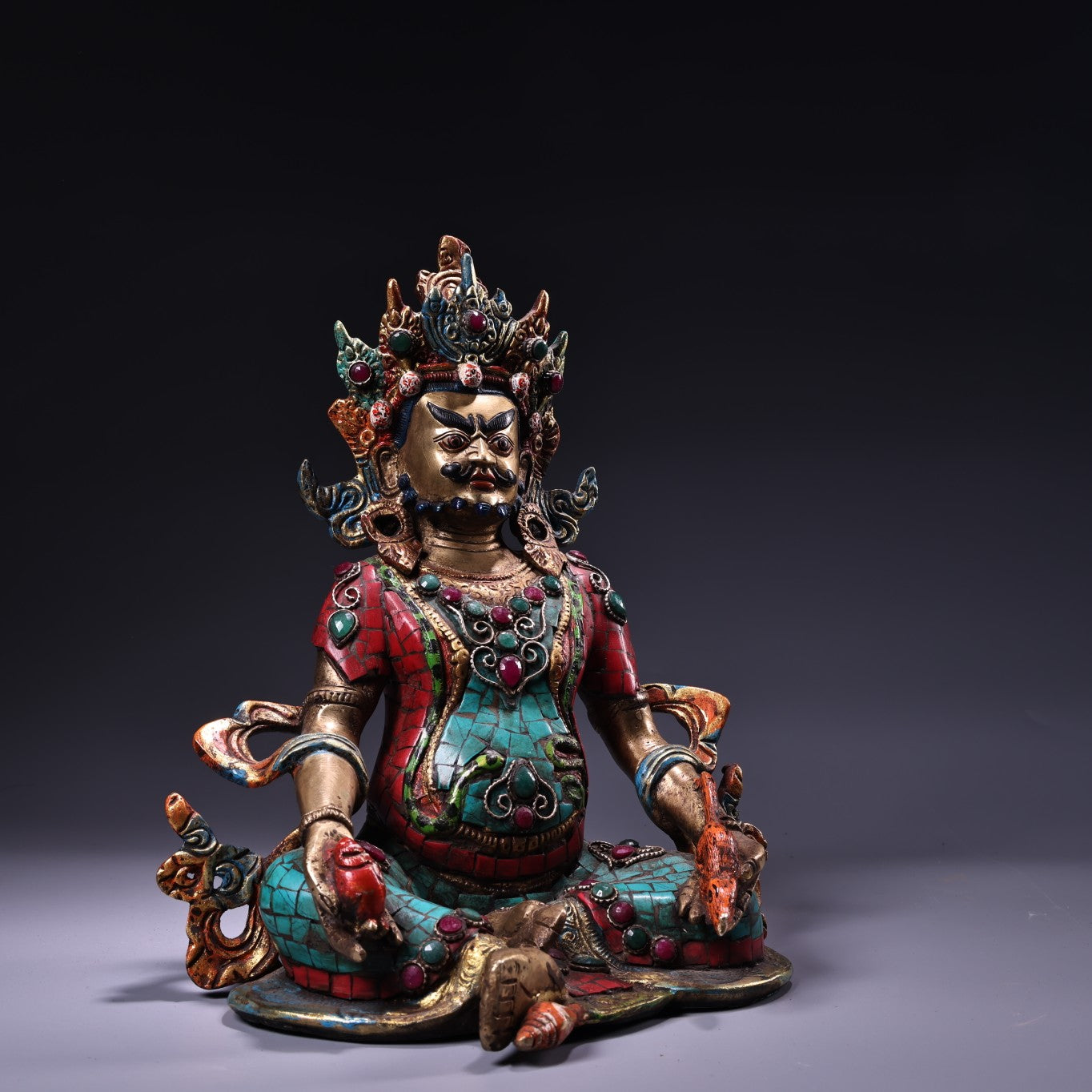 A1036 Tibetan Buddhism Gilt Gold Copper Inlay Turquoise & Gems Yellow Jambhala Statue